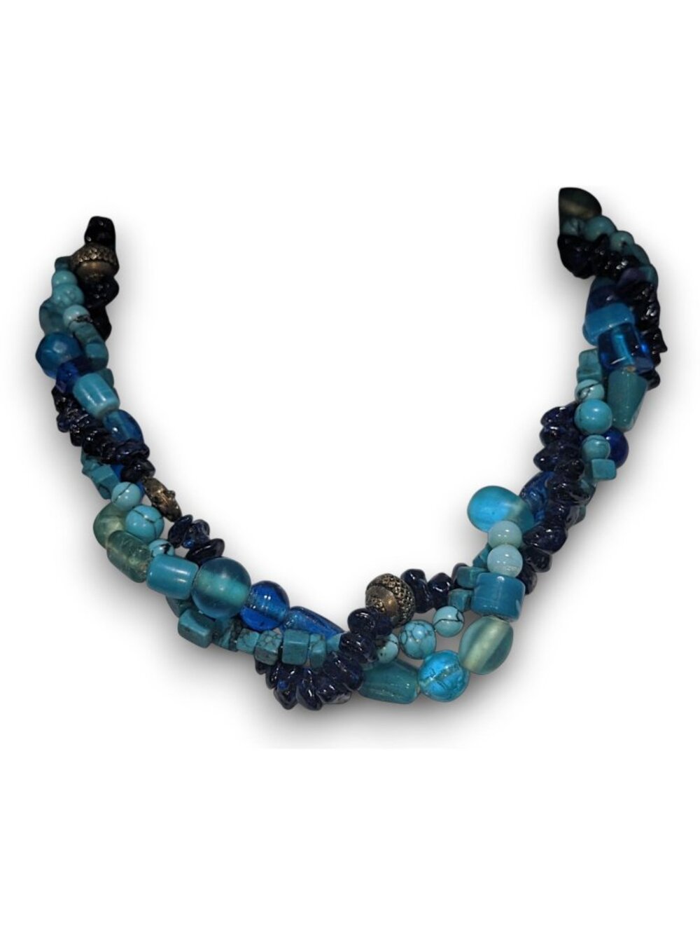 Vintage Boho Torsade Glass Blue Multi Strand Necklace 14 Inch Handmade
